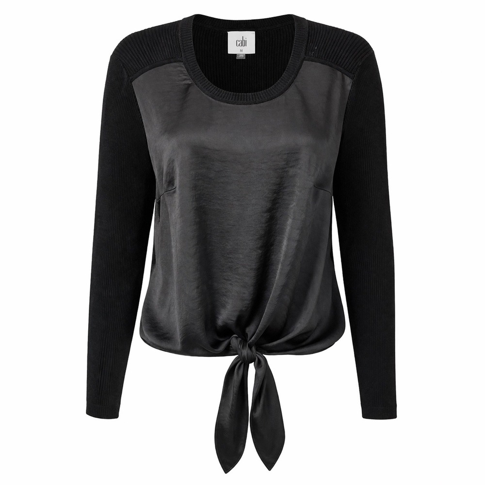 Cabi‎ Black Satin Front Tie Ribbed Knit Back Sweater Womens Size M